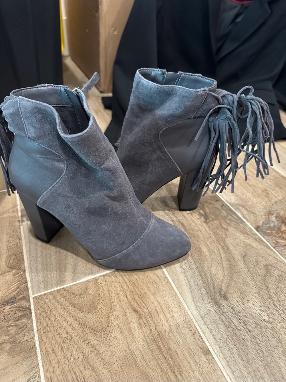 Never worn - White House Black Market Gray Suede Fringe Ankle Boots